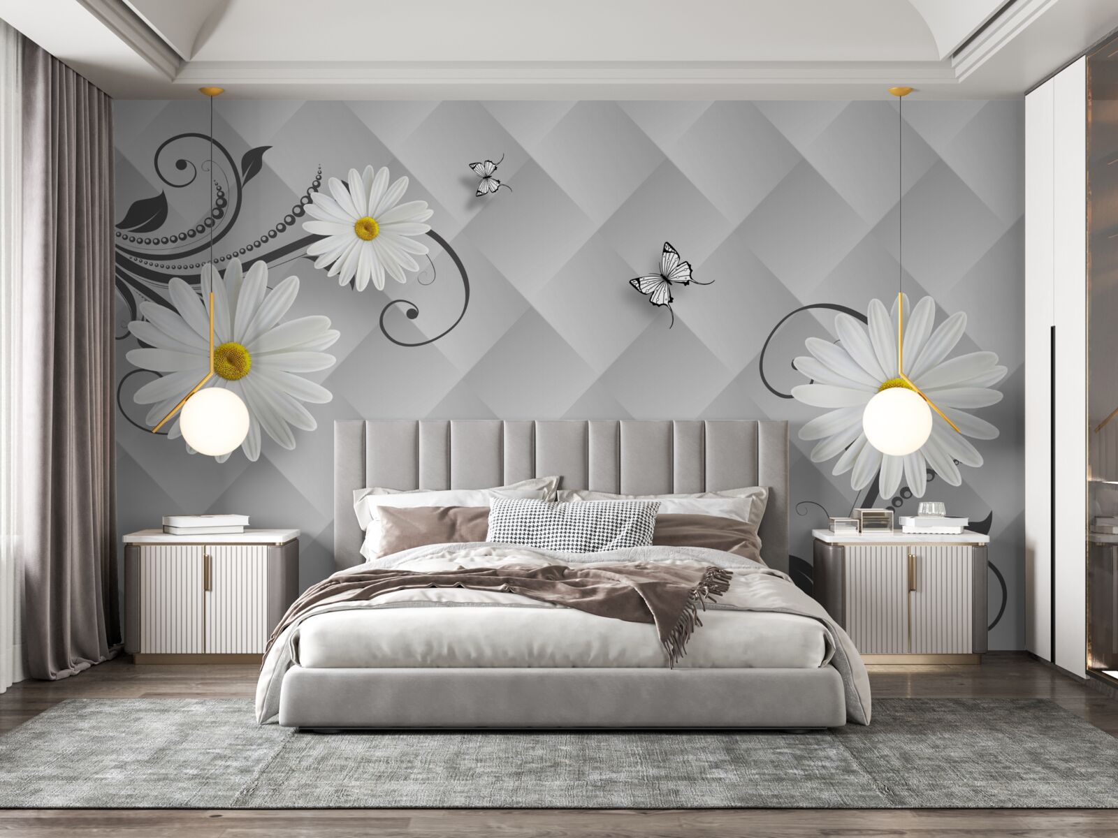 Fototapeta abstraktné pozadie zdobené bielymi sedmokrásky a motýľmi