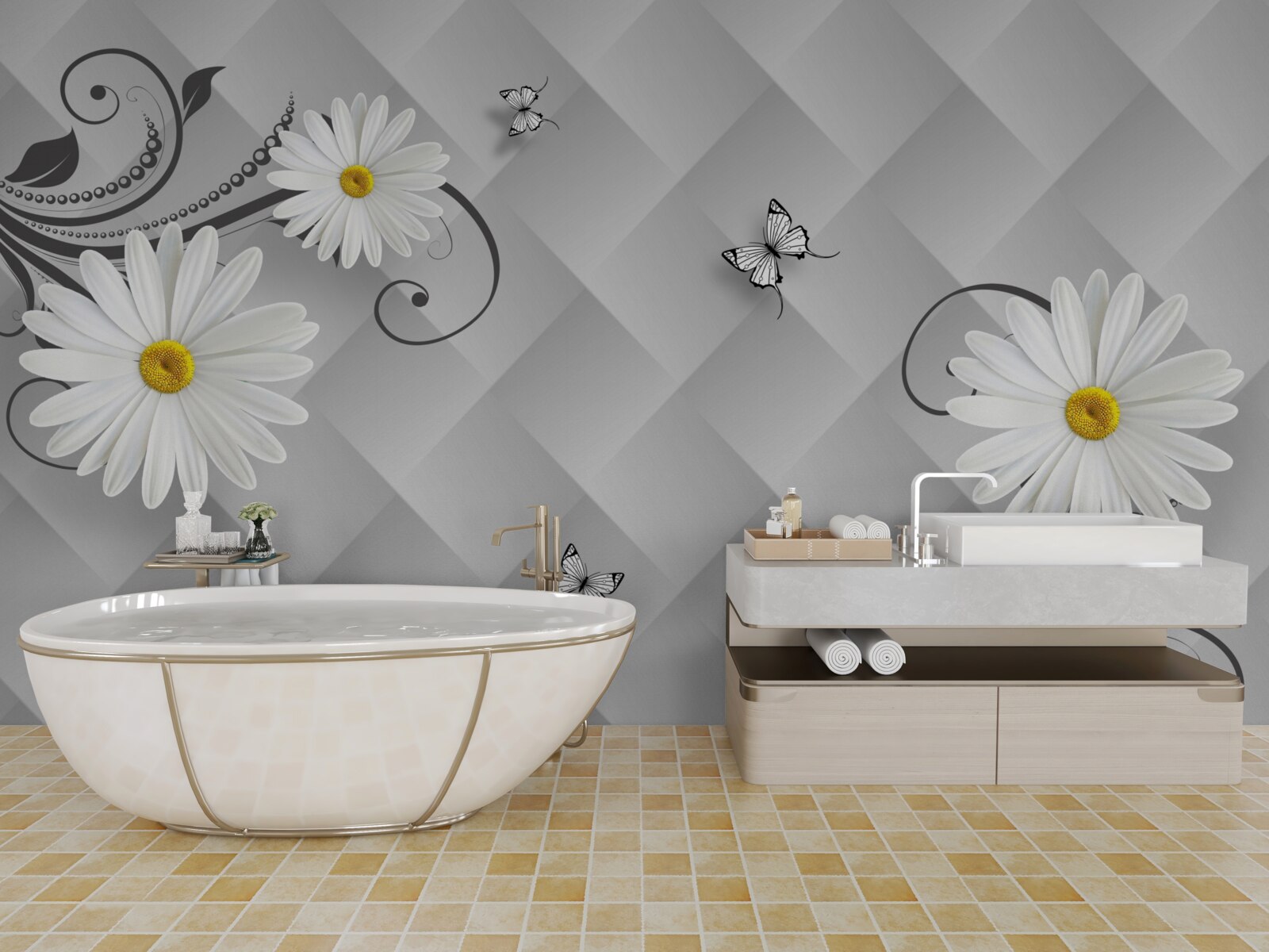 Fototapeta abstraktné pozadie zdobené bielymi sedmokrásky a motýľmi