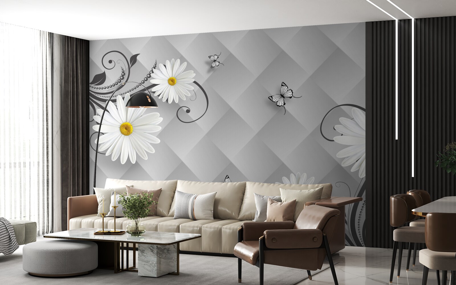 Fototapeta abstraktné pozadie zdobené bielymi sedmokrásky a motýľmi