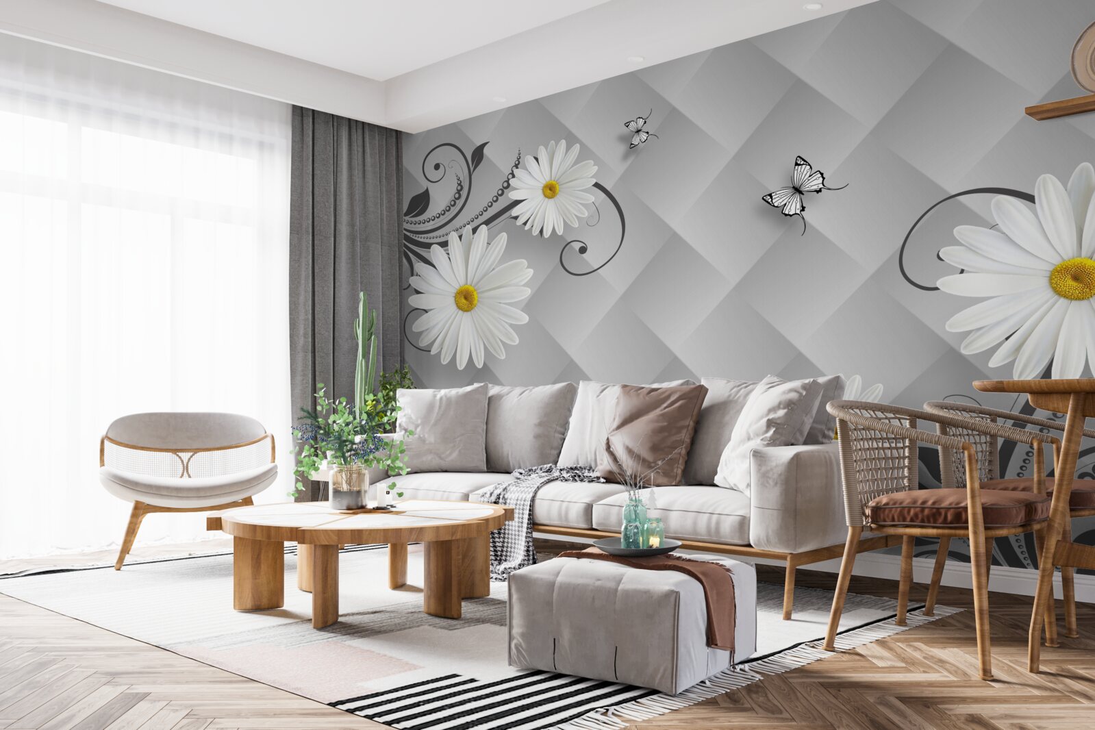 Fototapeta abstraktné pozadie zdobené bielymi sedmokrásky a motýľmi