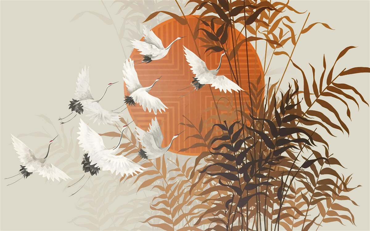 Fototapeta západ slnka sprevádza farebný let žeriavov