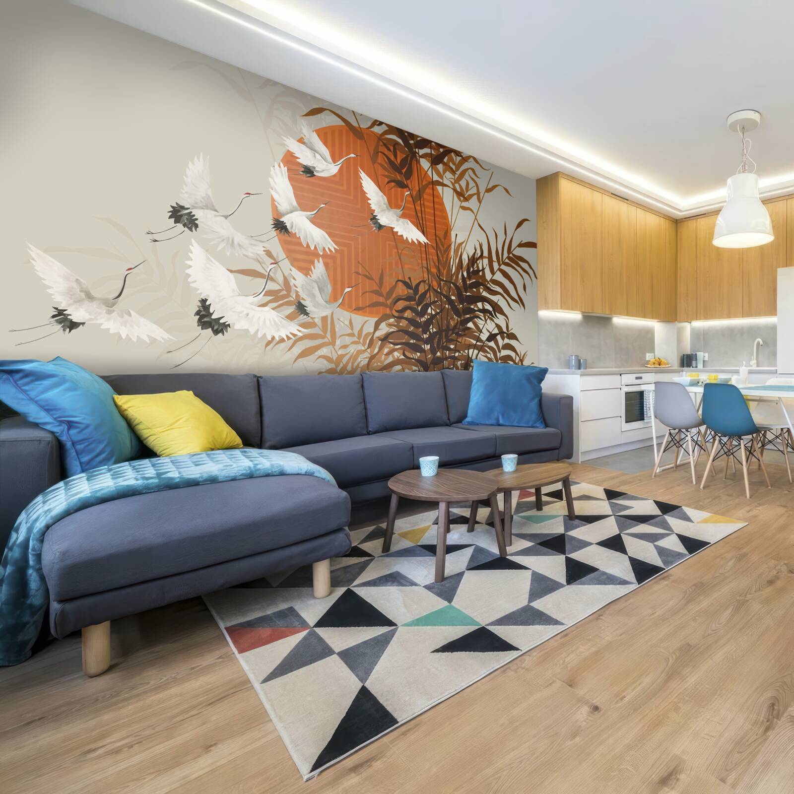 Fototapeta západ slnka sprevádza farebný let žeriavov