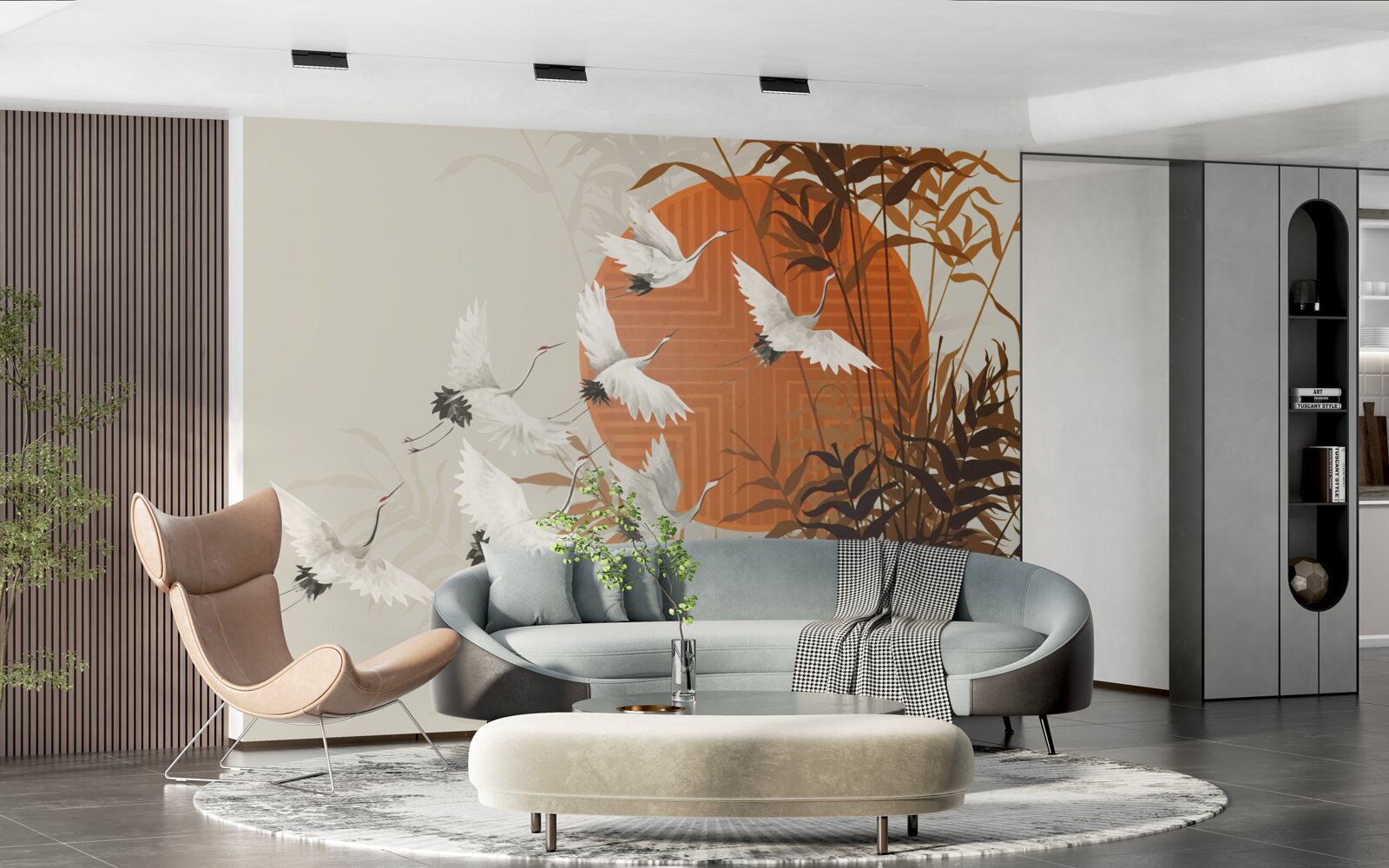 Fototapeta západ slnka sprevádza farebný let žeriavov