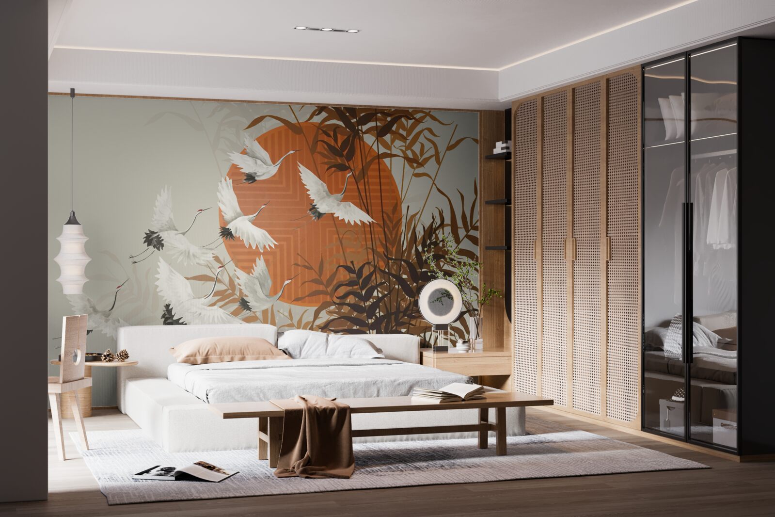 Fototapeta západ slnka sprevádza farebný let žeriavov