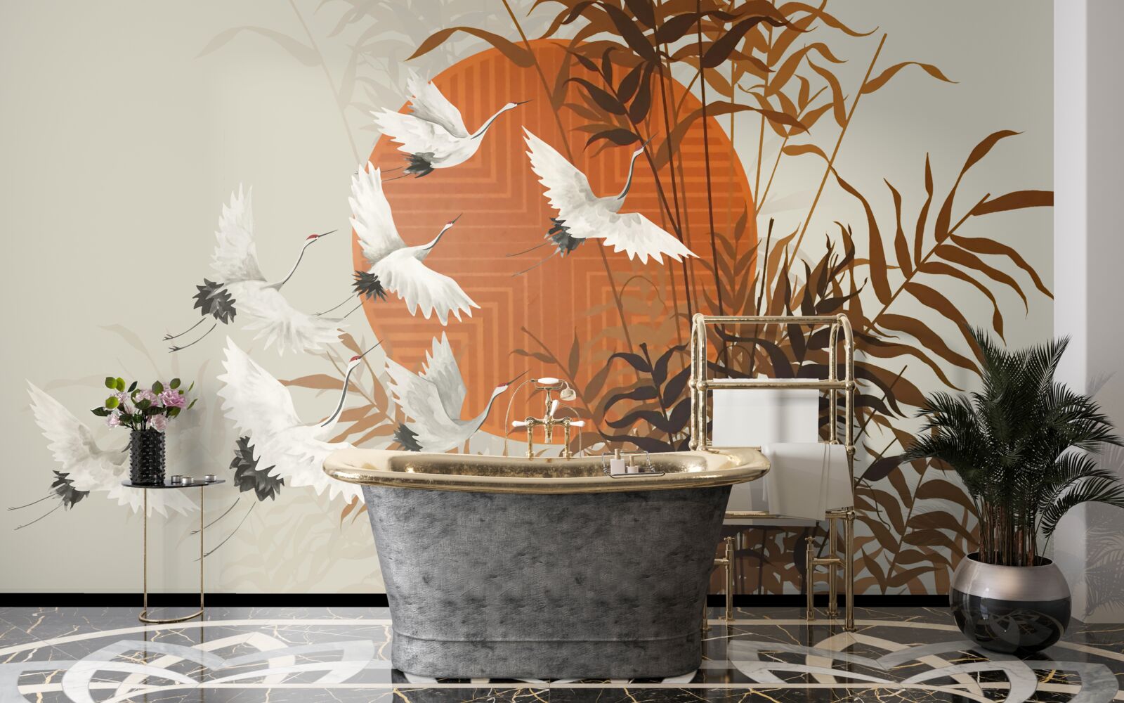 Fototapeta západ slnka sprevádza farebný let žeriavov