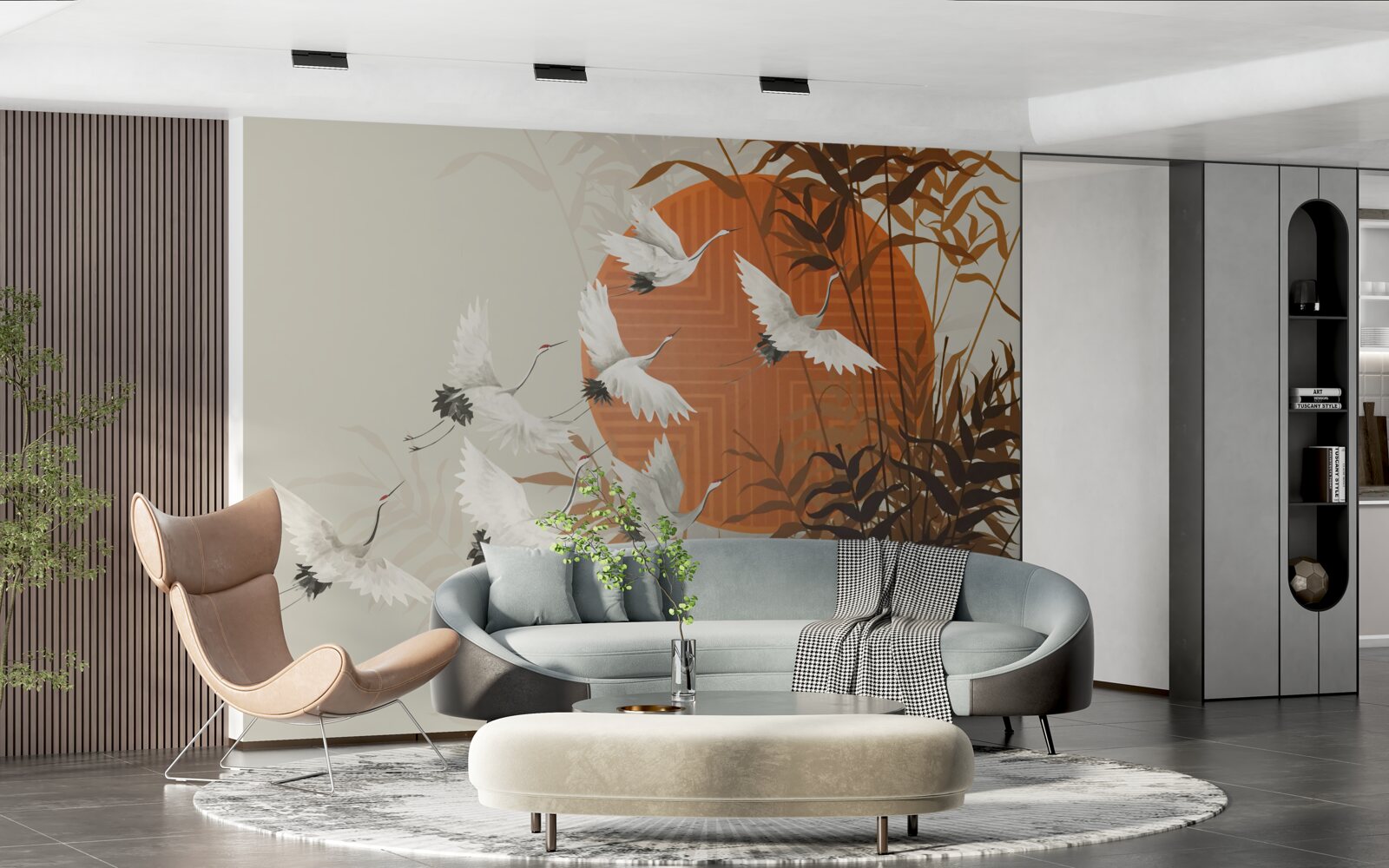 Fototapeta západ slnka sprevádza farebný let žeriavov