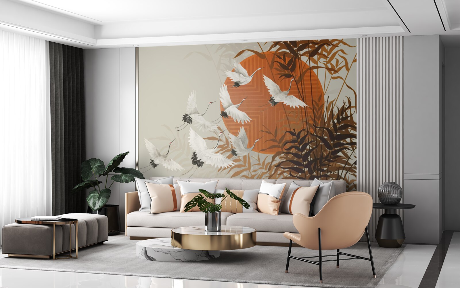 Fototapeta západ slnka sprevádza farebný let žeriavov