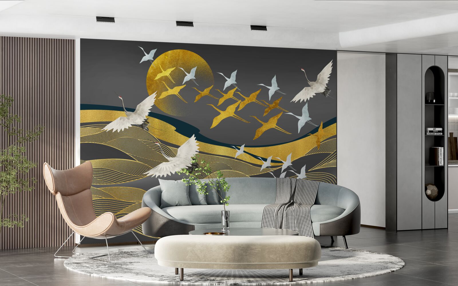 Fototapeta skupina vtákov sa pohybuje smerom k slabnúcemu dennému svetlu nad ohromujúcou rozlohou mora