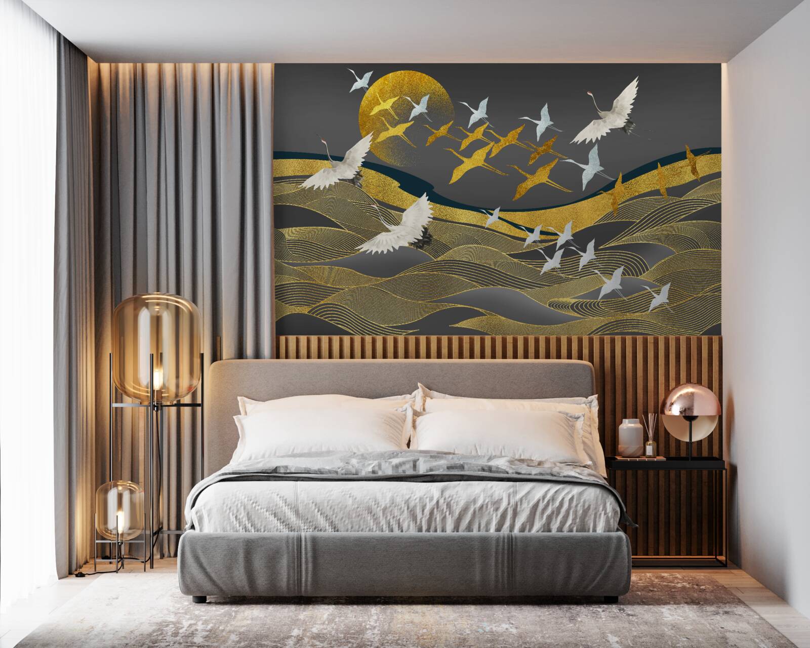 Fototapeta skupina vtákov sa pohybuje smerom k slabnúcemu dennému svetlu nad ohromujúcou rozlohou mora