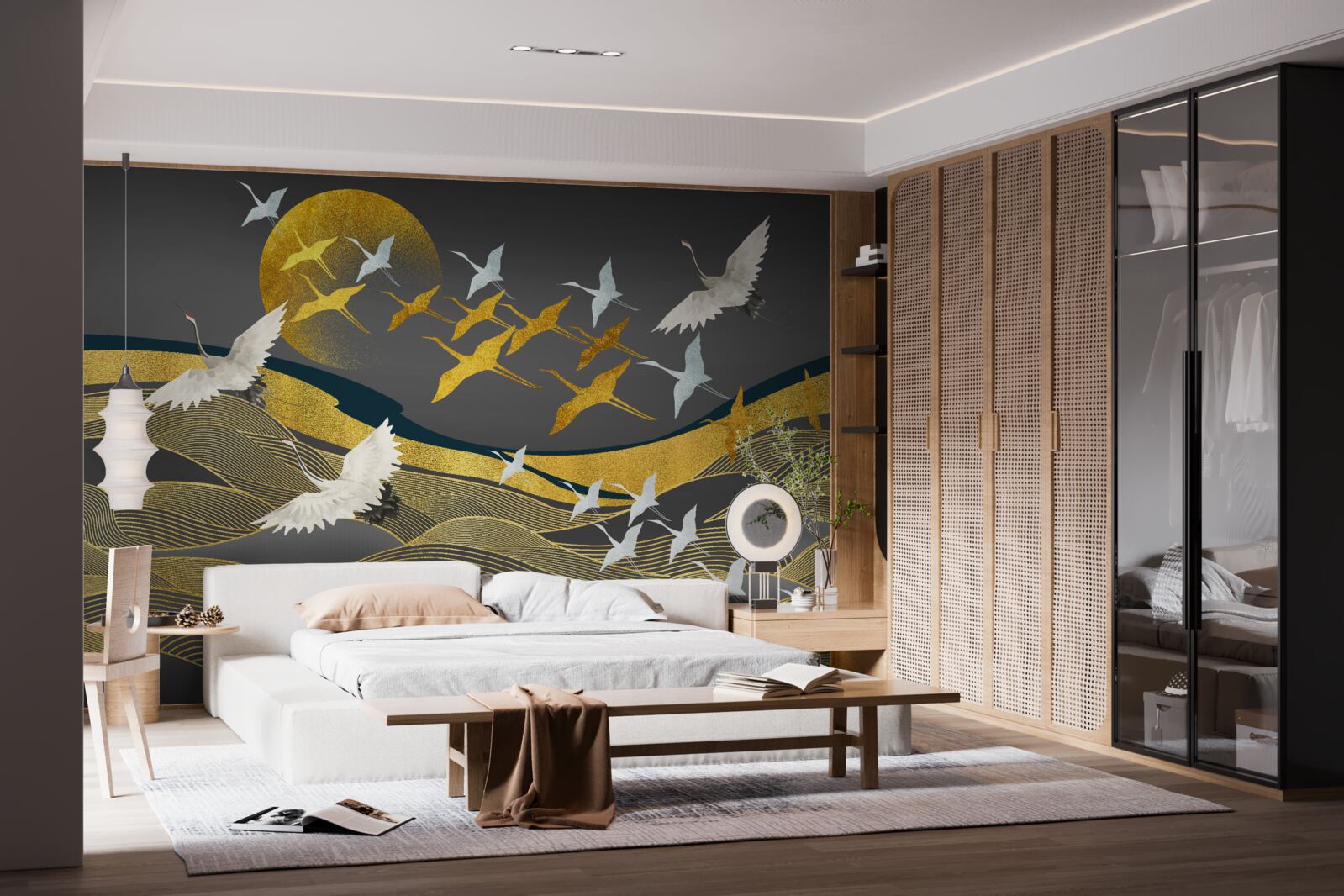 Fototapeta skupina vtákov sa pohybuje smerom k slabnúcemu dennému svetlu nad ohromujúcou rozlohou mora