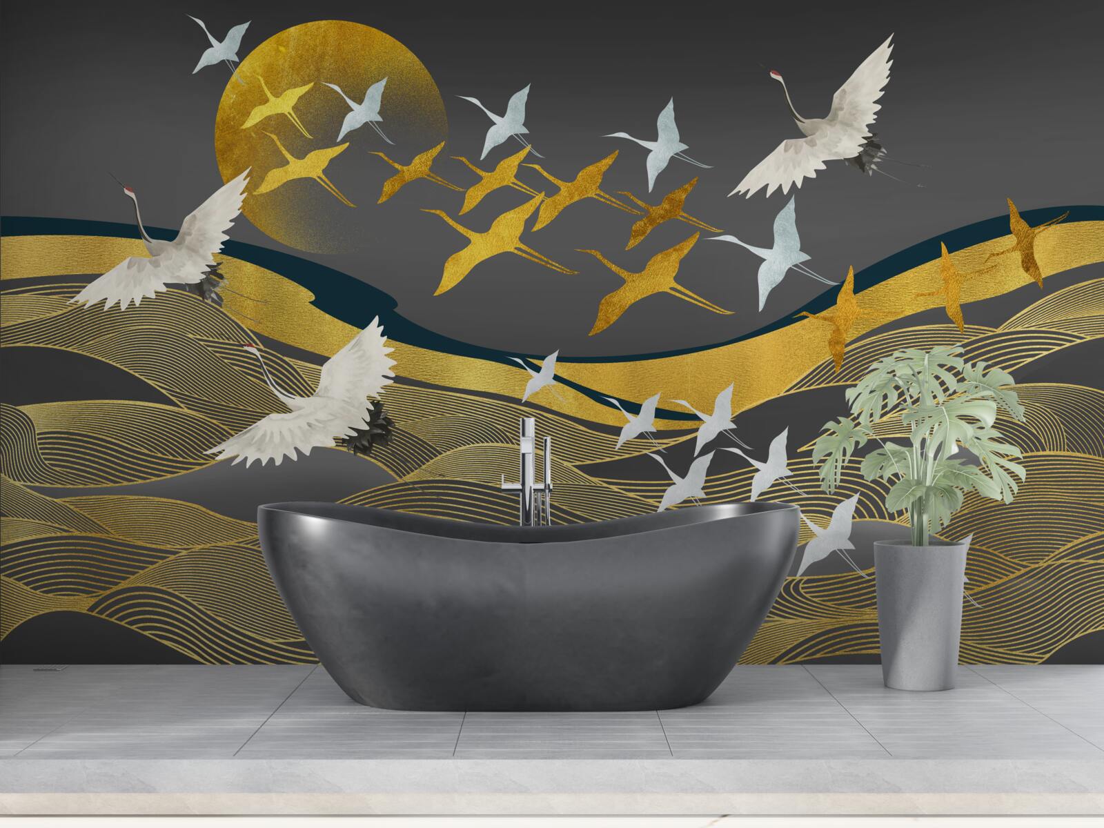 Fototapeta skupina vtákov sa pohybuje smerom k slabnúcemu dennému svetlu nad ohromujúcou rozlohou mora