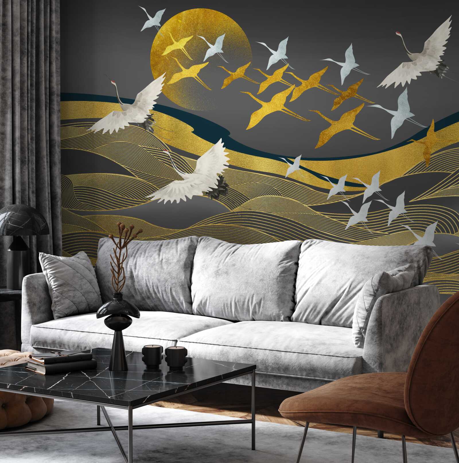 Fototapeta skupina vtákov sa pohybuje smerom k slabnúcemu dennému svetlu nad ohromujúcou rozlohou mora