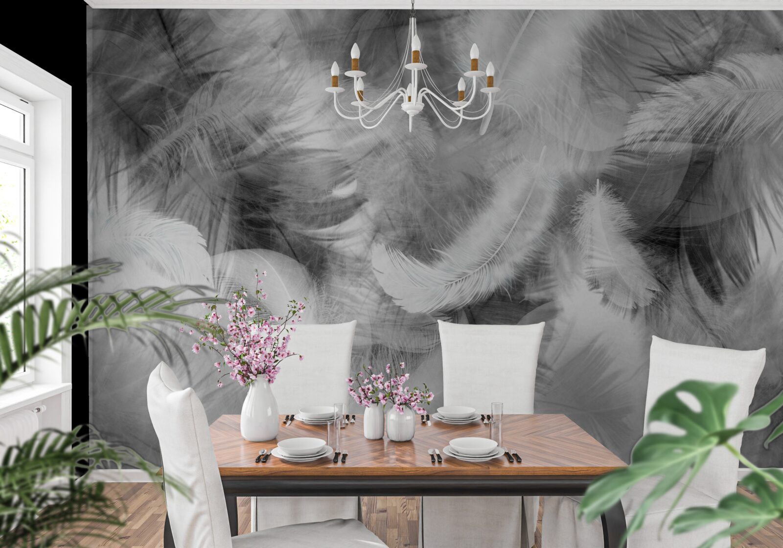 Fototapeta čierne a biele perie sa vznášajú vo vzduchu