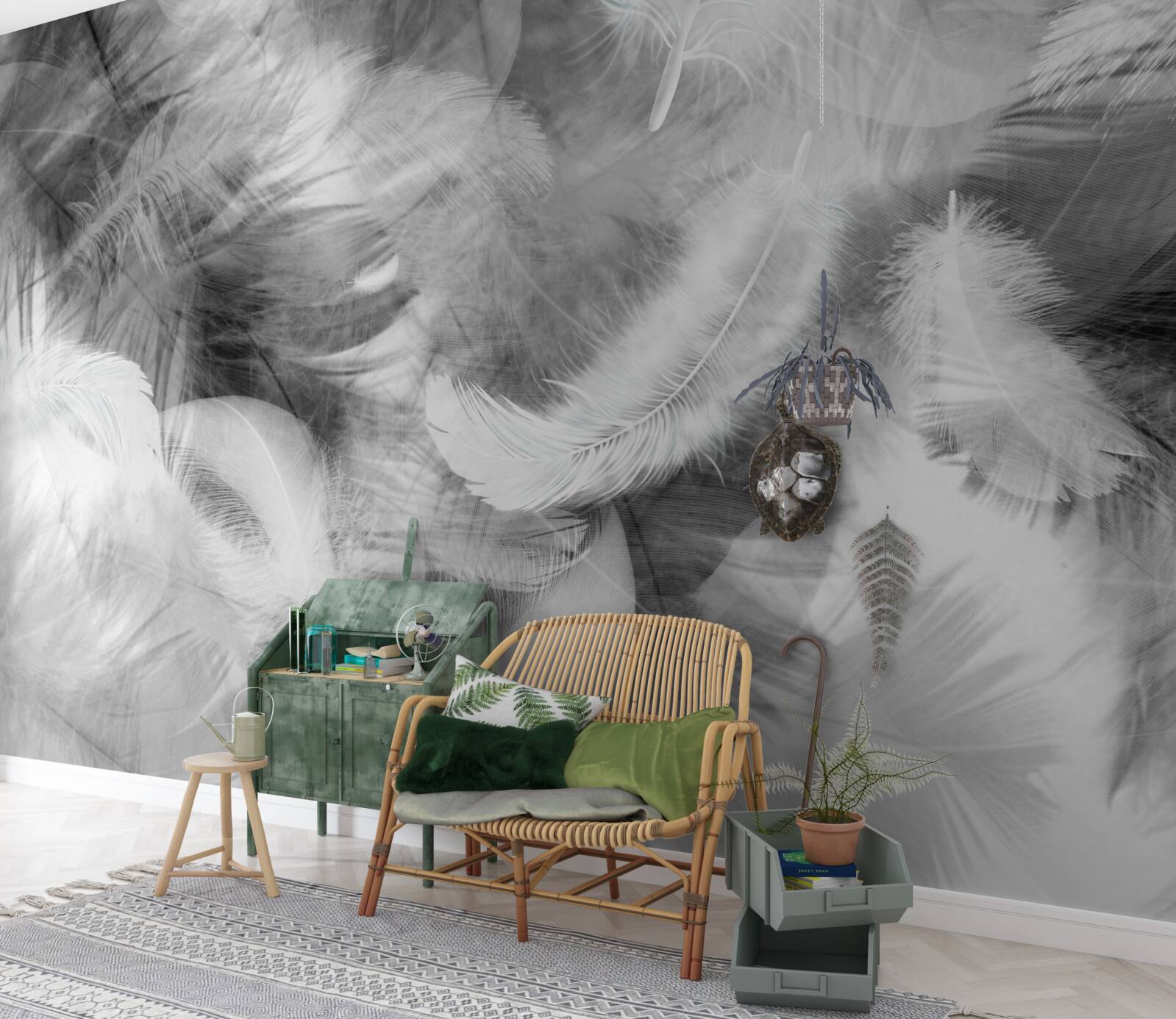 Fototapeta čierne a biele perie sa vznášajú vo vzduchu