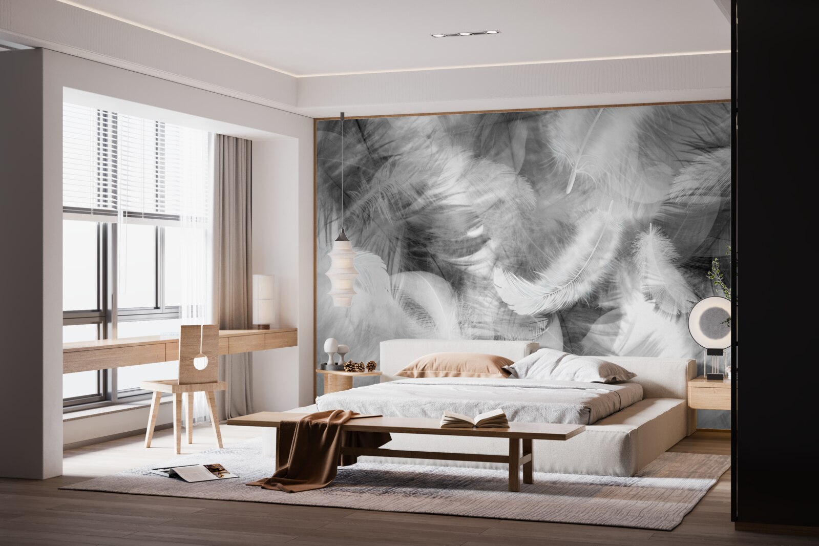 Fototapeta čierne a biele perie sa vznášajú vo vzduchu