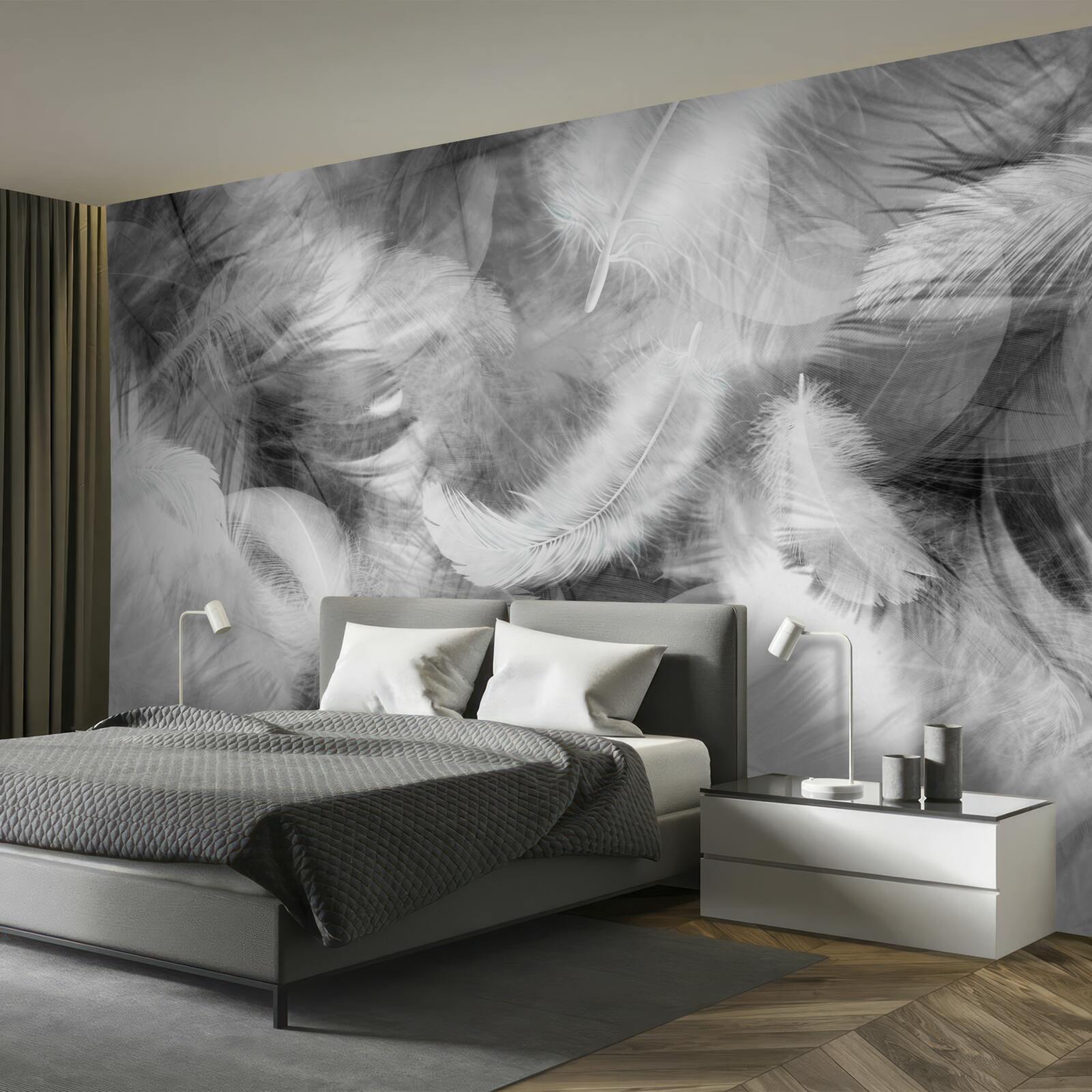 Fototapeta čierne a biele perie sa vznášajú vo vzduchu