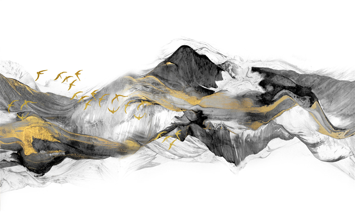 Fototapeta abstraktný obraz vtákov a hôr na bielom pozadí