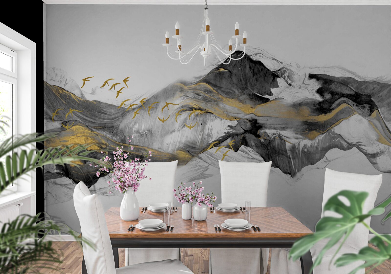 Fototapeta abstraktný obraz vtákov a hôr na bielom pozadí