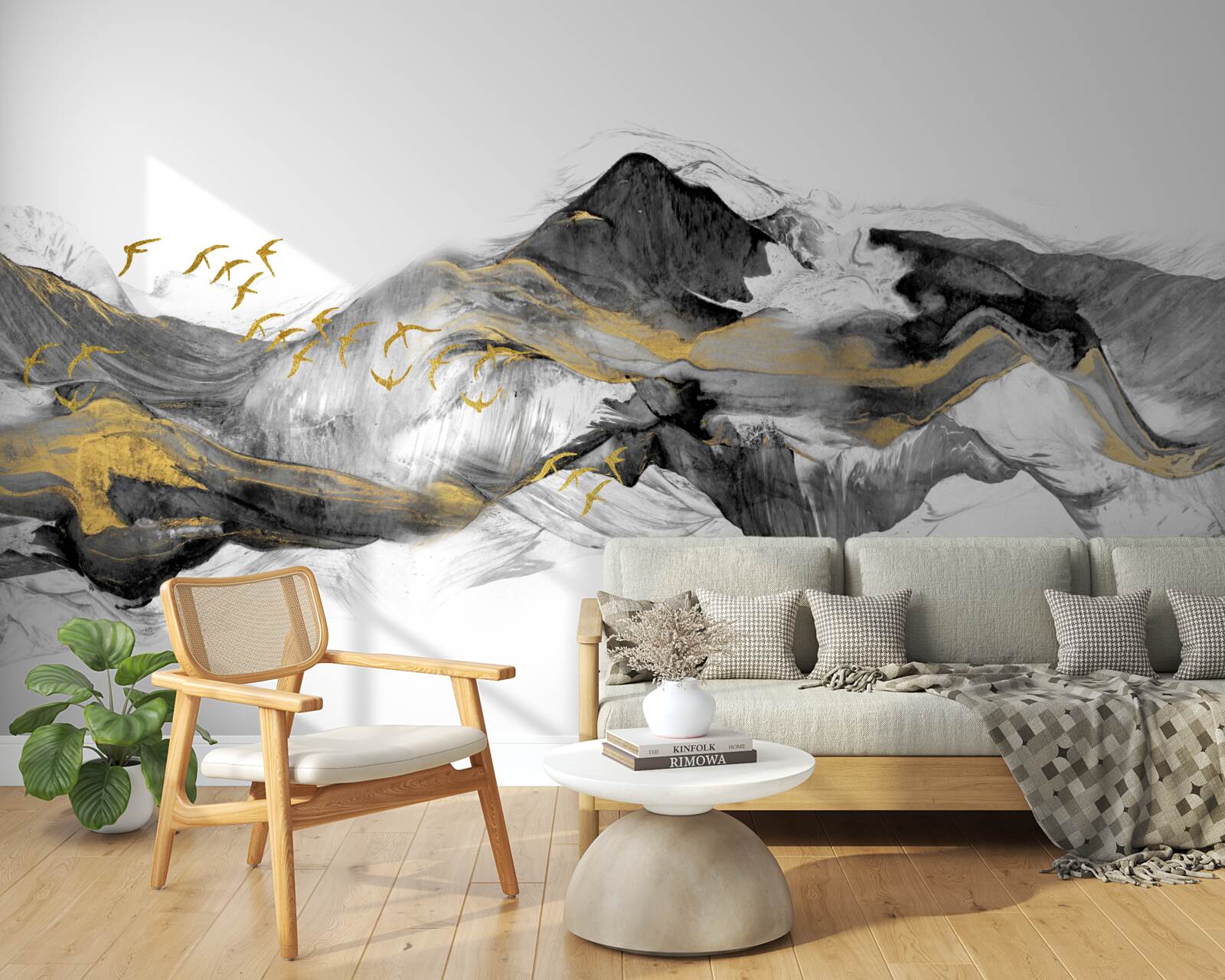 Fototapeta abstraktný obraz vtákov a hôr na bielom pozadí