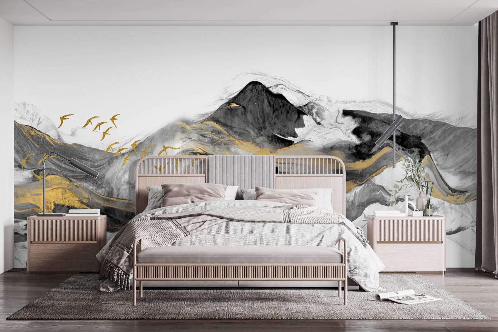 Fototapeta abstraktný obraz vtákov a hôr na bielom pozadí