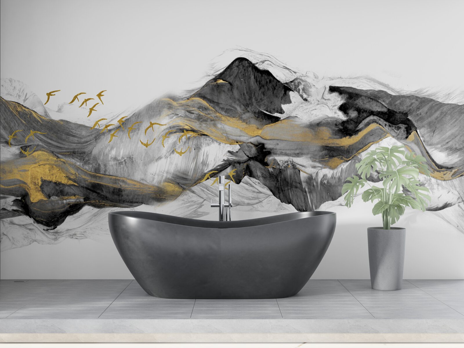 Fototapeta abstraktný obraz vtákov a hôr na bielom pozadí