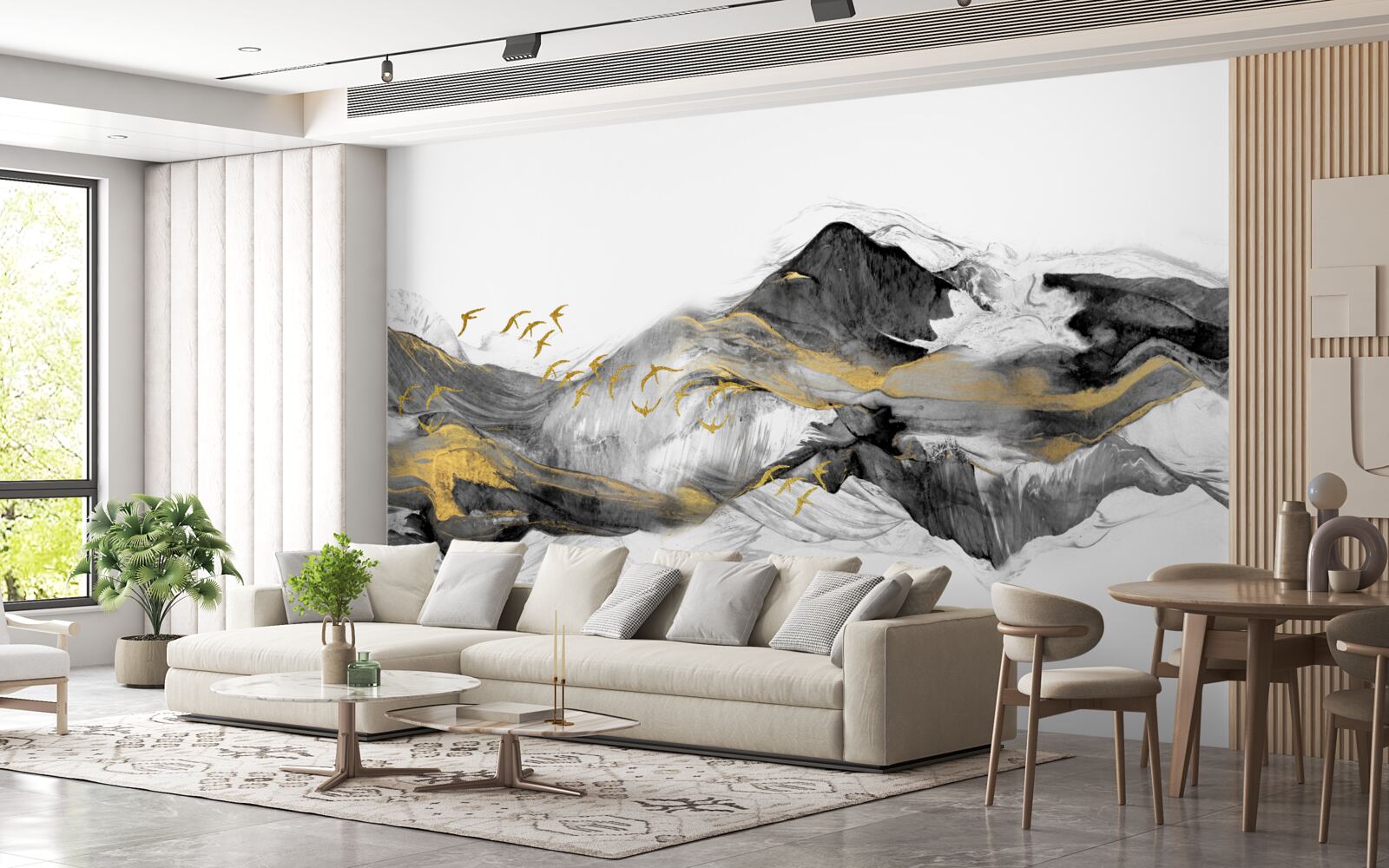 Fototapeta abstraktný obraz vtákov a hôr na bielom pozadí