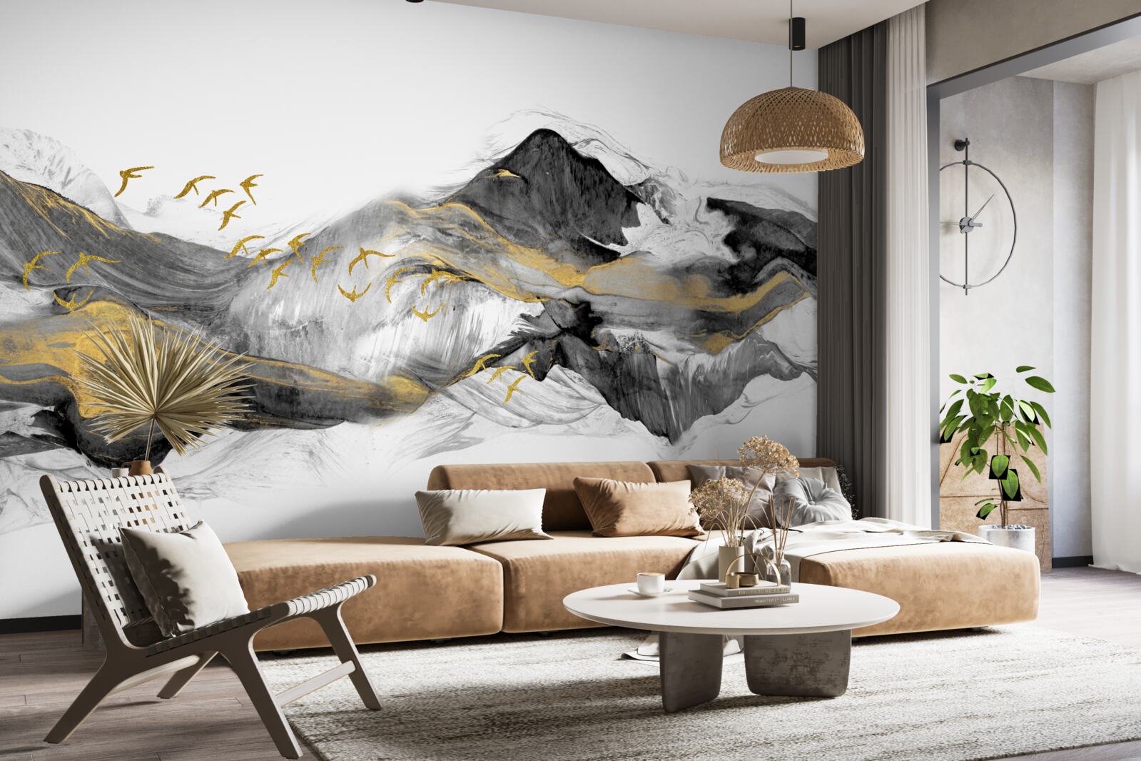 Fototapeta abstraktný obraz vtákov a hôr na bielom pozadí