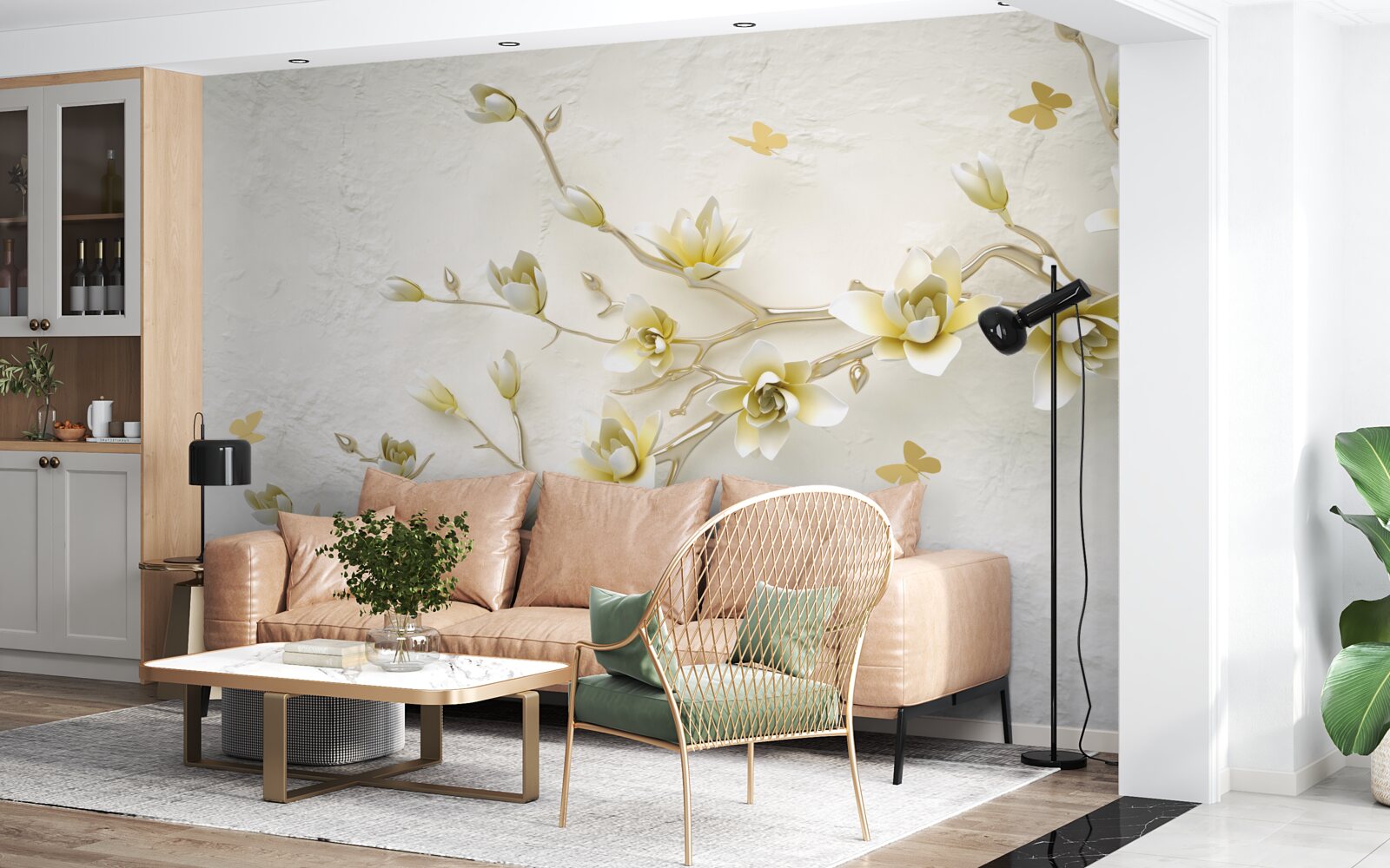 Fototapeta osamelý konár pokrytý kvetmi a motýľmi