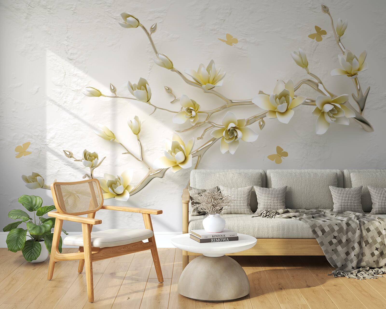 Fototapeta osamelý konár pokrytý kvetmi a motýľmi