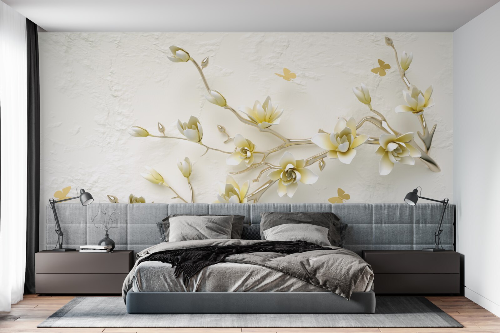 Fototapeta osamelý konár pokrytý kvetmi a motýľmi