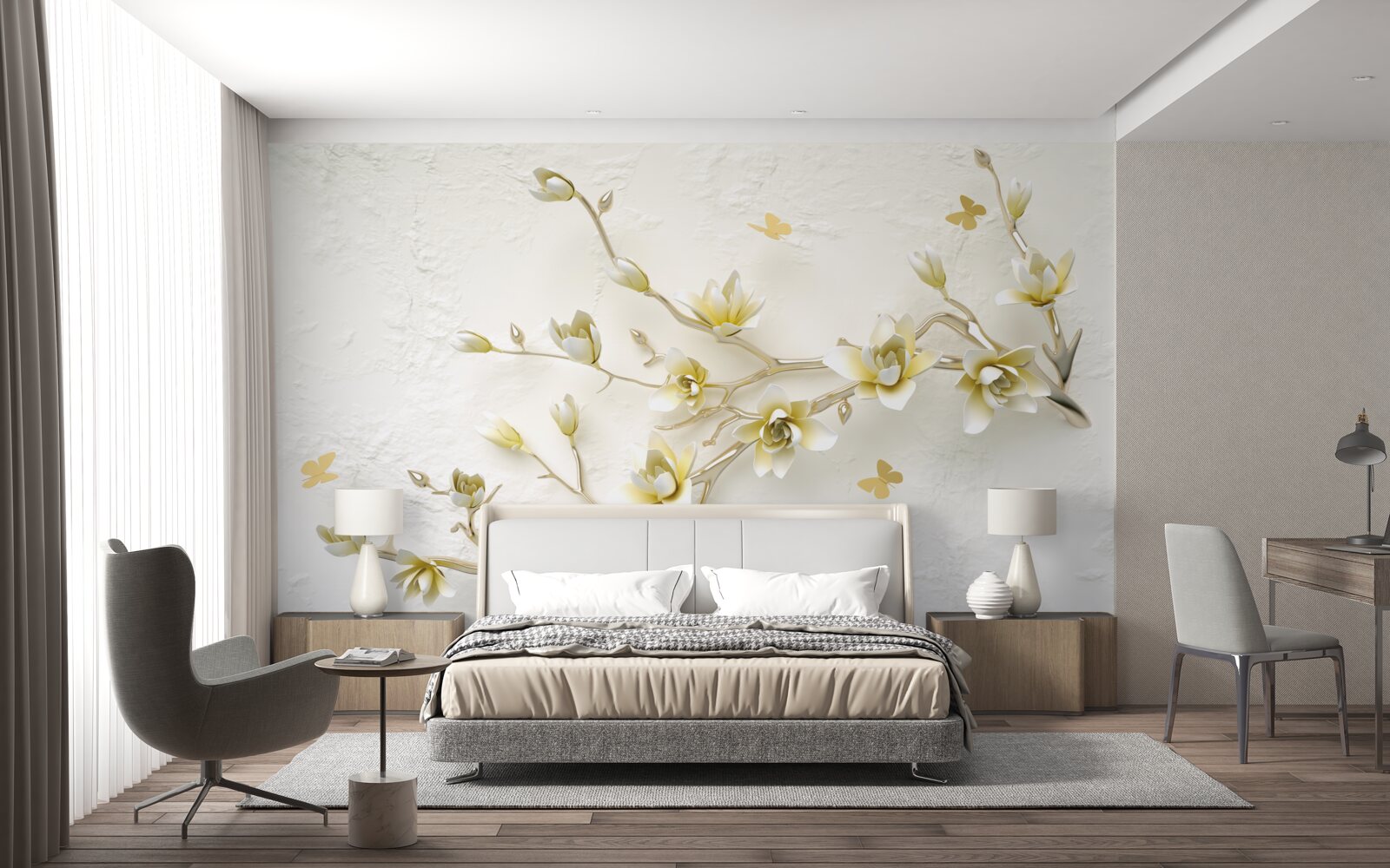 Fototapeta osamelý konár pokrytý kvetmi a motýľmi