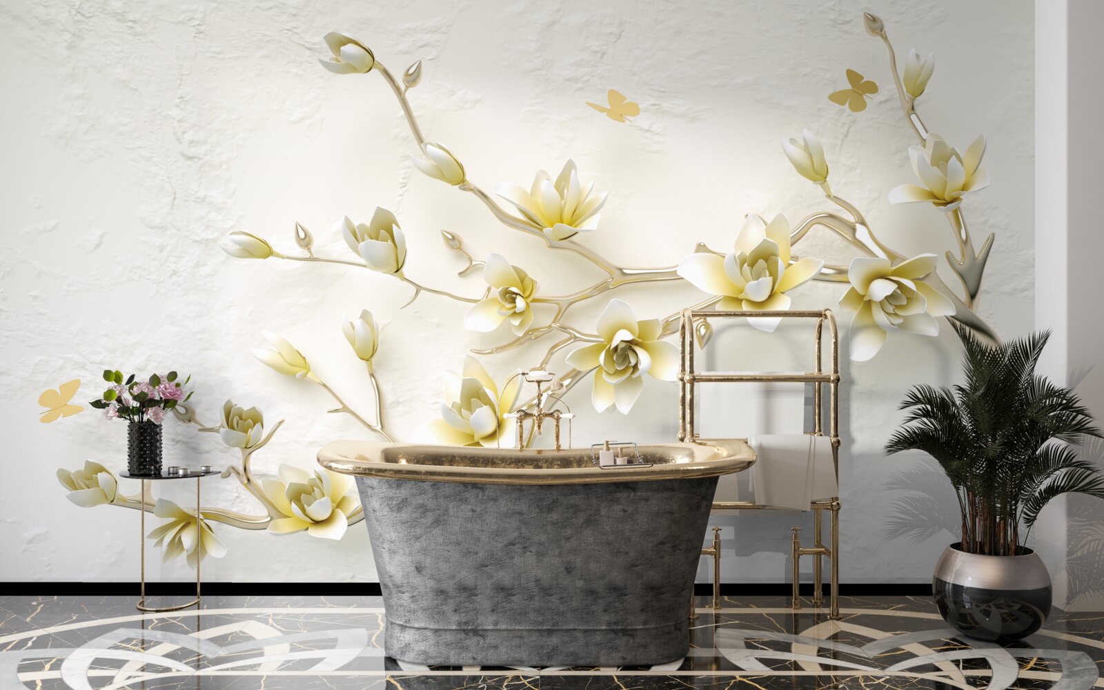 Fototapeta osamelý konár pokrytý kvetmi a motýľmi