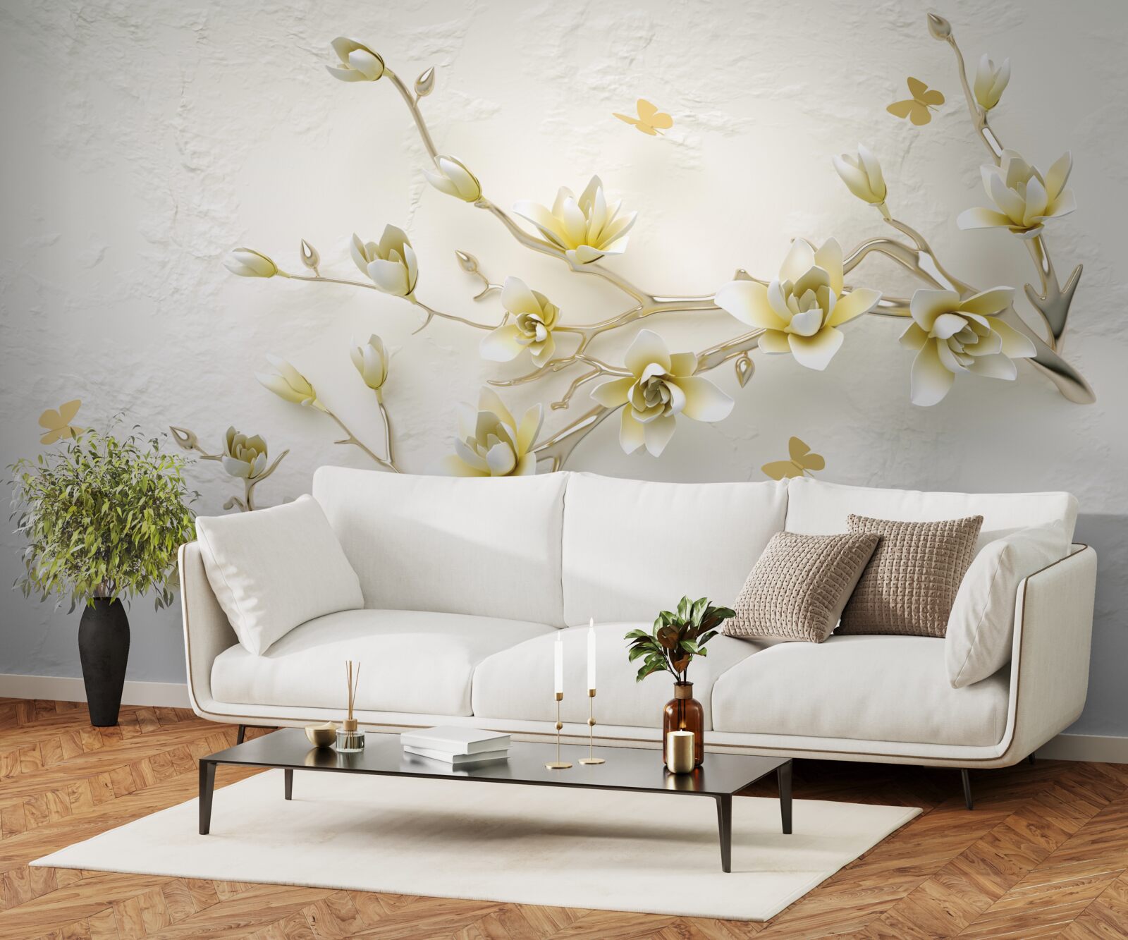 Fototapeta osamelý konár pokrytý kvetmi a motýľmi