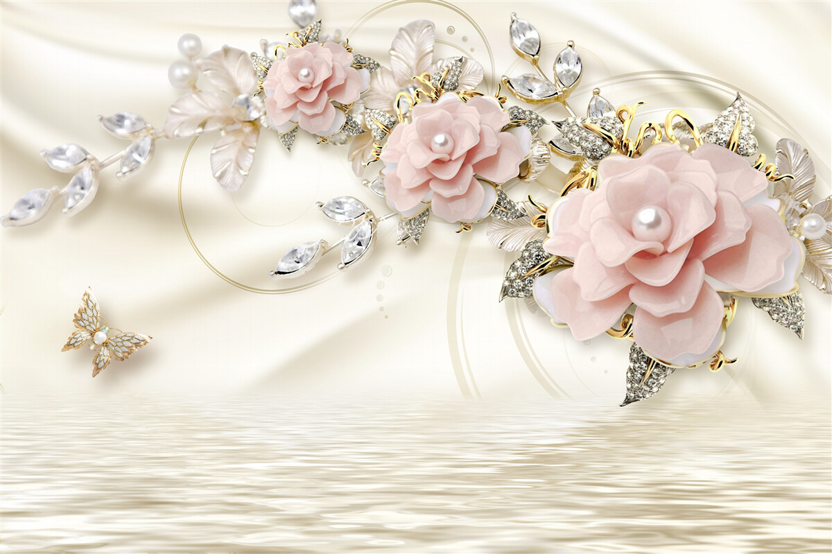 Fototapeta nad vodou visí konár s ružovými kvetmi, ozdobený perličkami