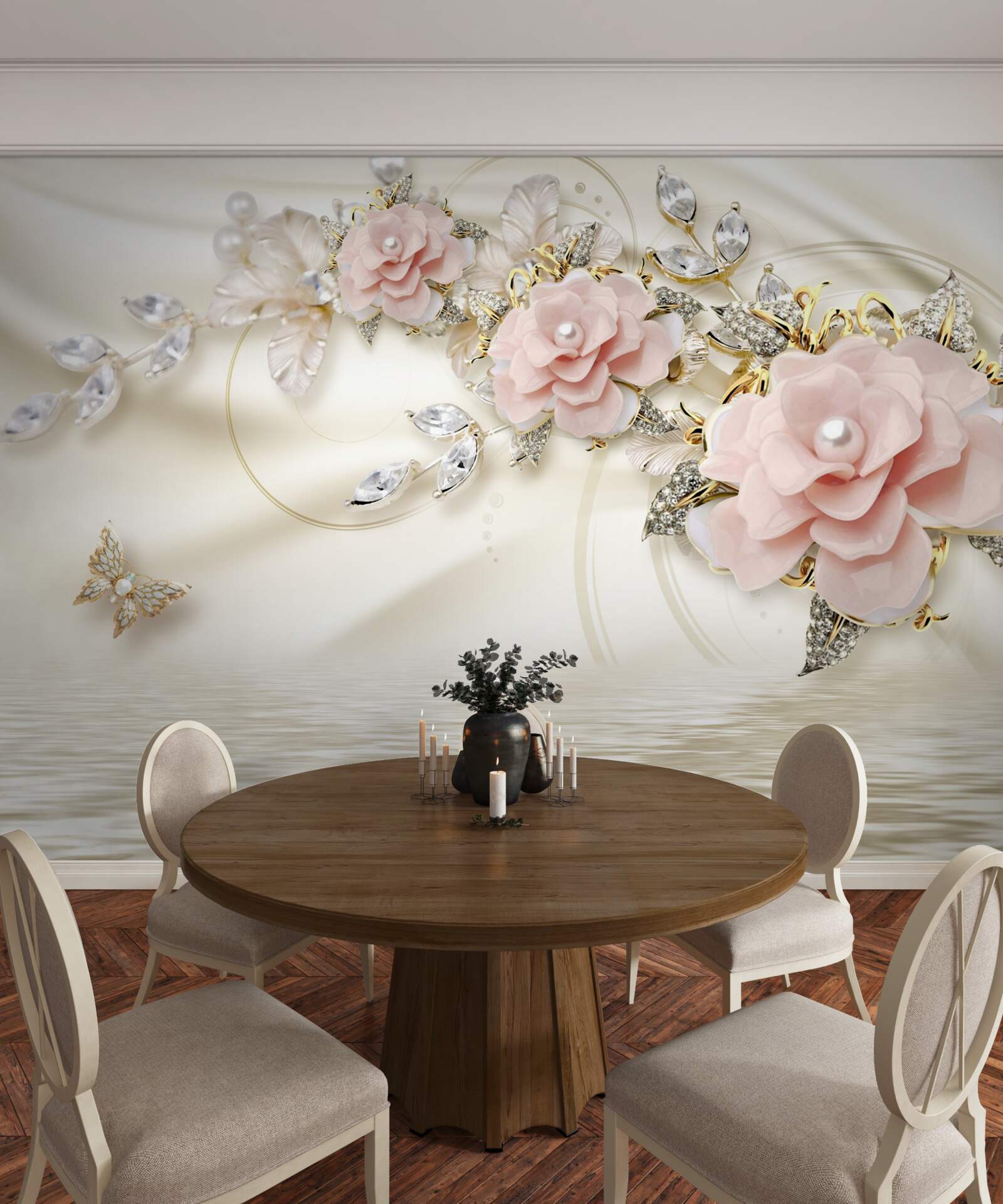 Fototapeta nad vodou visí konár s ružovými kvetmi, ozdobený perličkami