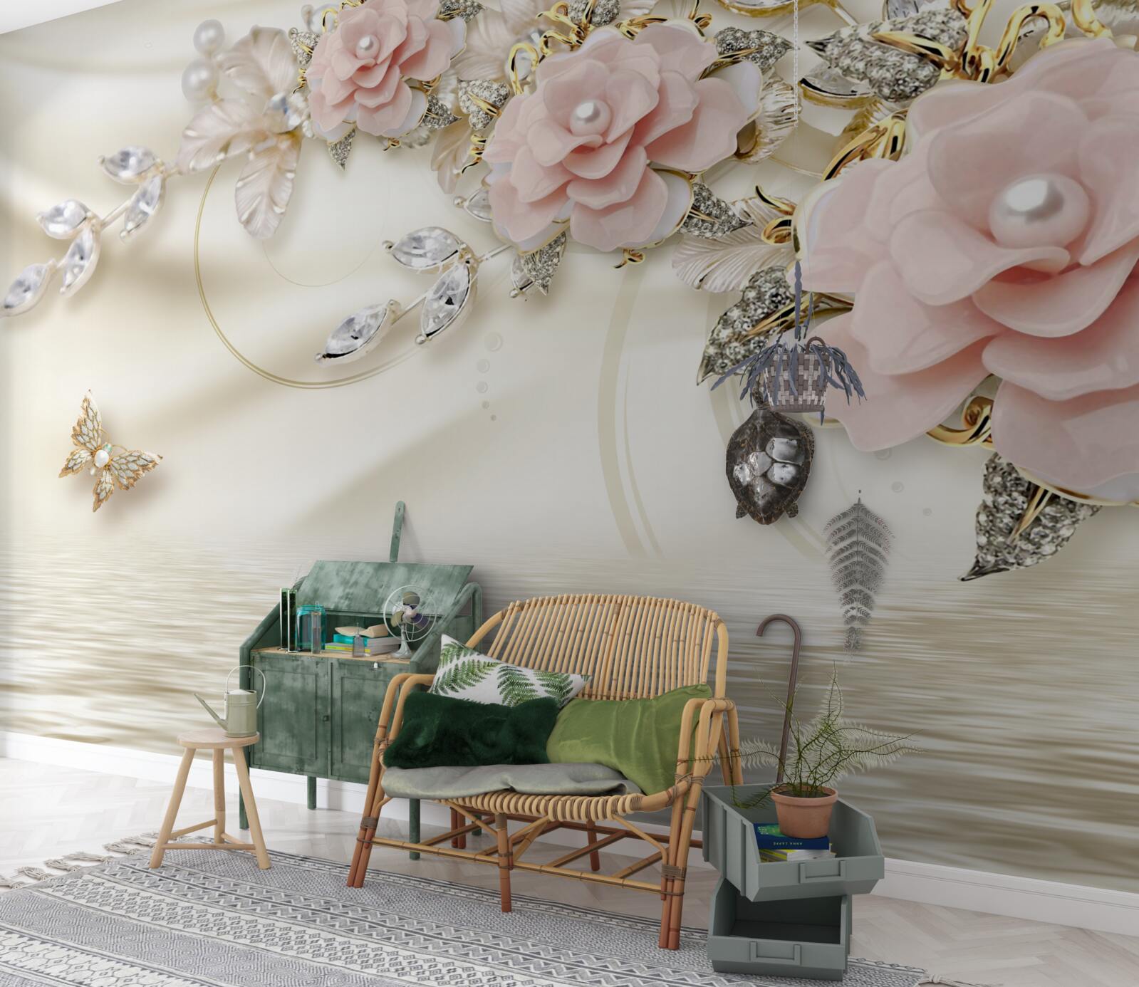 Fototapeta nad vodou visí konár s ružovými kvetmi, ozdobený perličkami