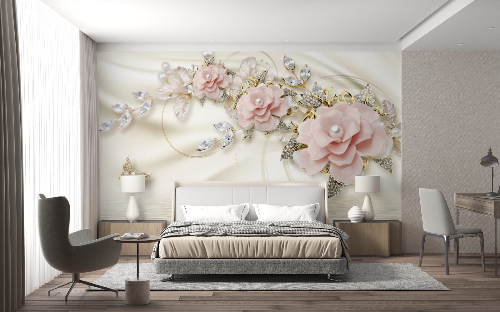 Fototapeta nad vodou visí konár s ružovými kvetmi, ozdobený perličkami