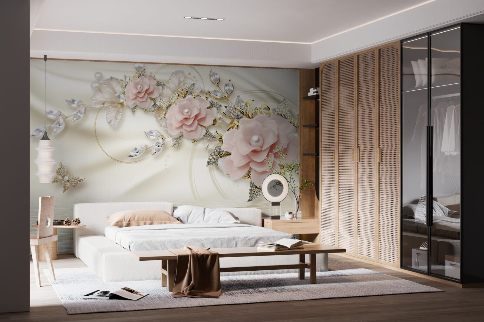 Fototapeta nad vodou visí konár s ružovými kvetmi, ozdobený perličkami