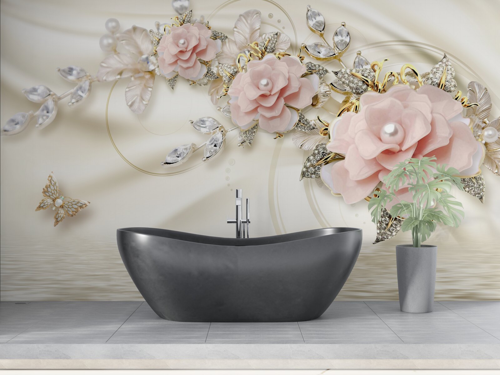 Fototapeta nad vodou visí konár s ružovými kvetmi, ozdobený perličkami