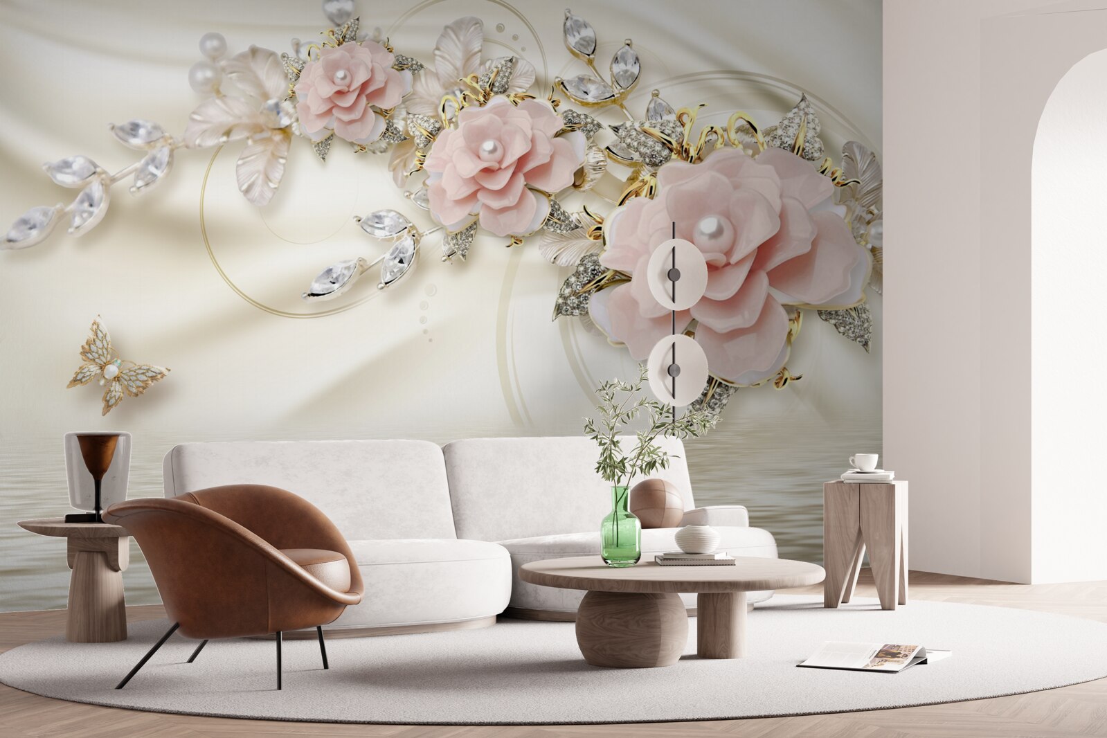 Fototapeta nad vodou visí konár s ružovými kvetmi, ozdobený perličkami