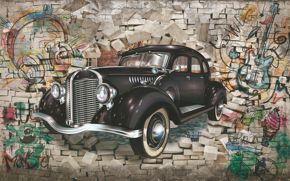 Fototapeta Vintage čierne auto na stene