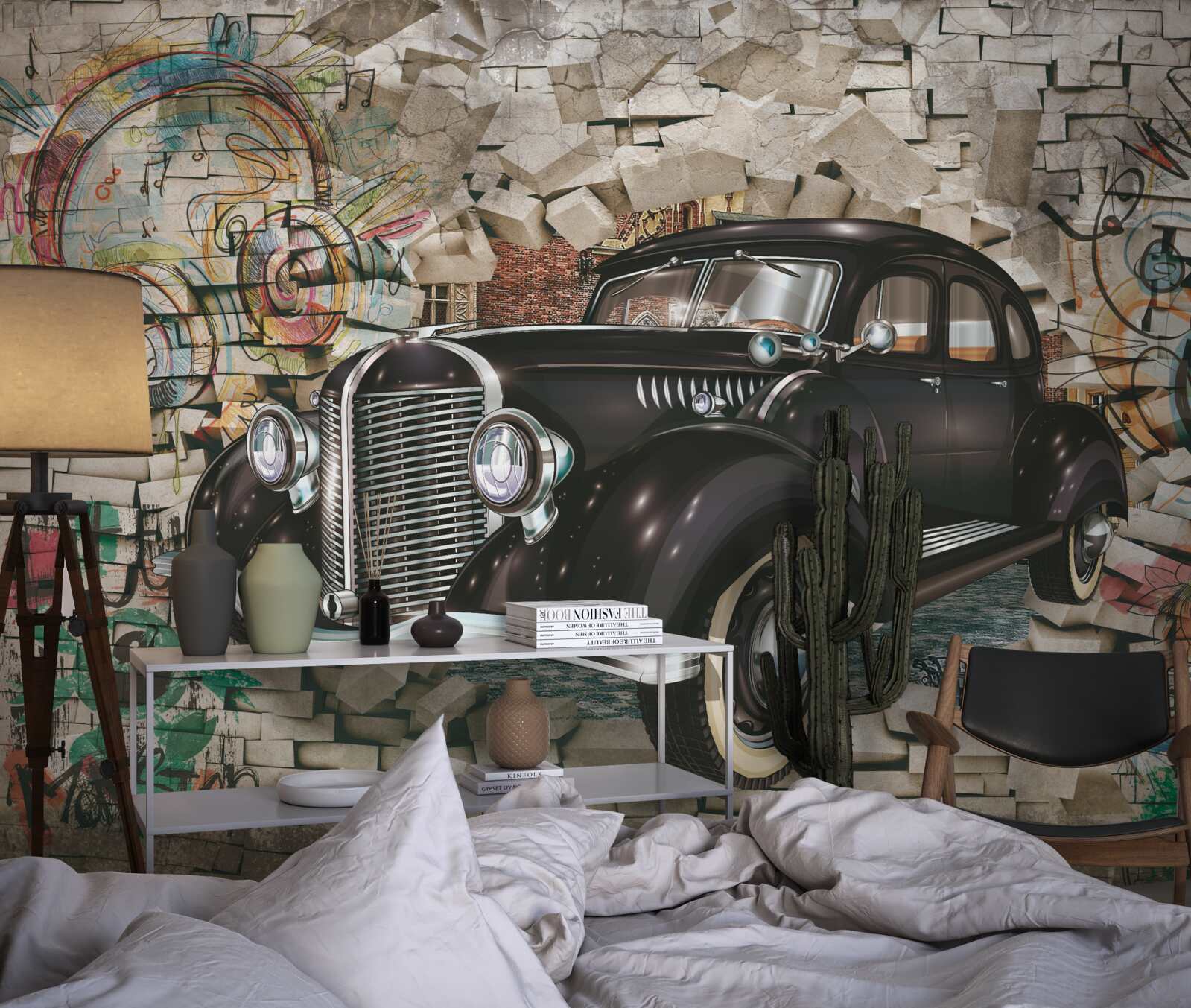 Fototapeta Vintage čierne auto na stene