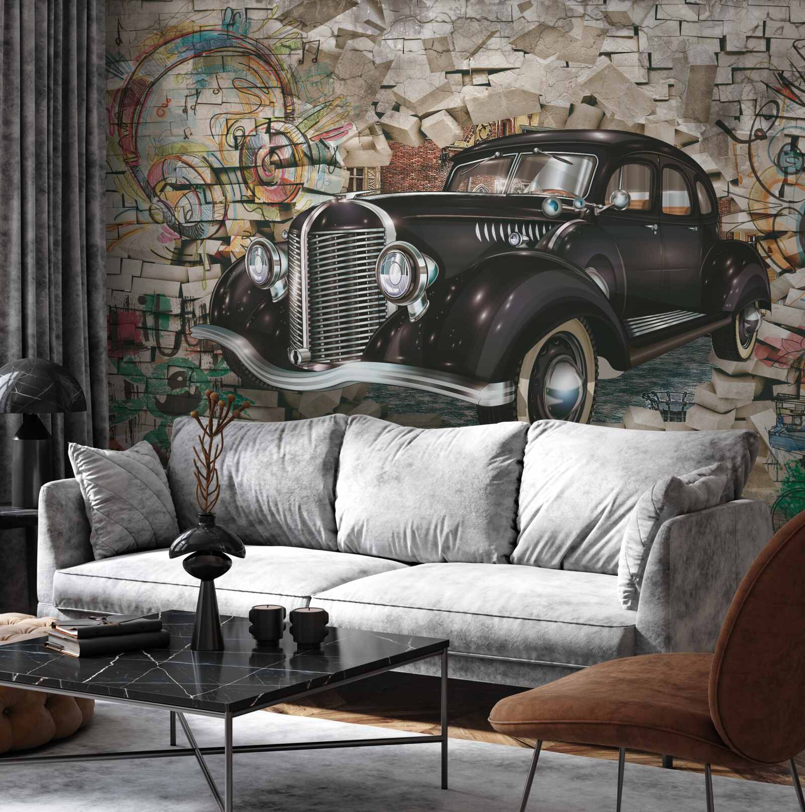 Fototapeta Vintage čierne auto na stene