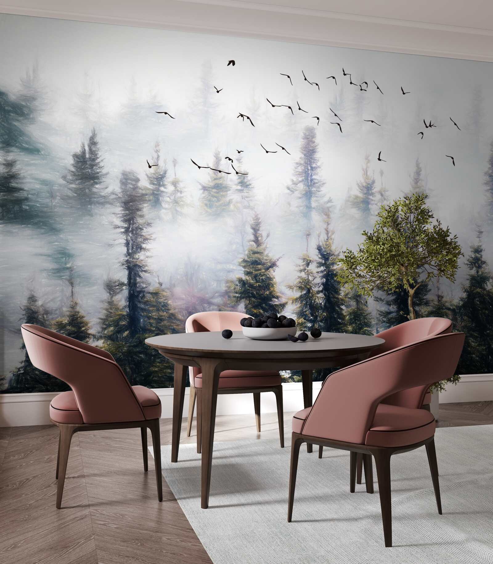 Fototapeta operení obyvatelia sa vznášajú nad tajomným borovicovým lesom obklopeným hmlou