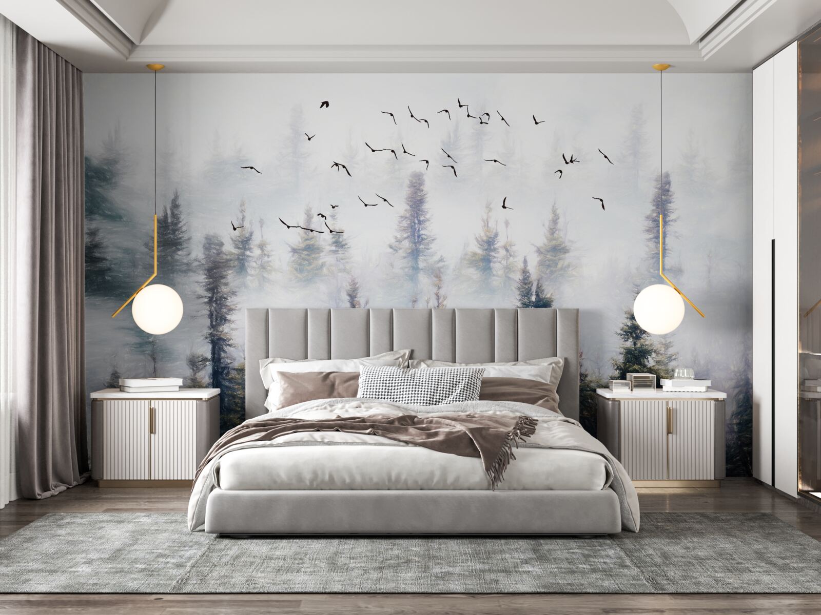 Fototapeta operení obyvatelia sa vznášajú nad tajomným borovicovým lesom obklopeným hmlou