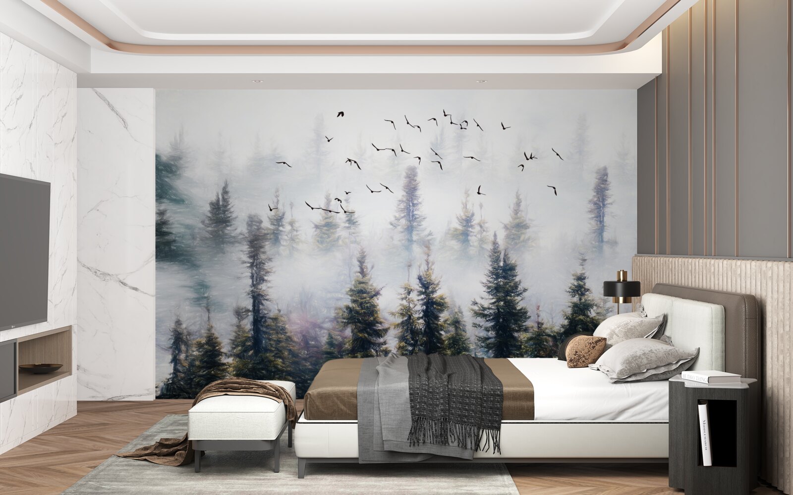 Fototapeta operení obyvatelia sa vznášajú nad tajomným borovicovým lesom obklopeným hmlou