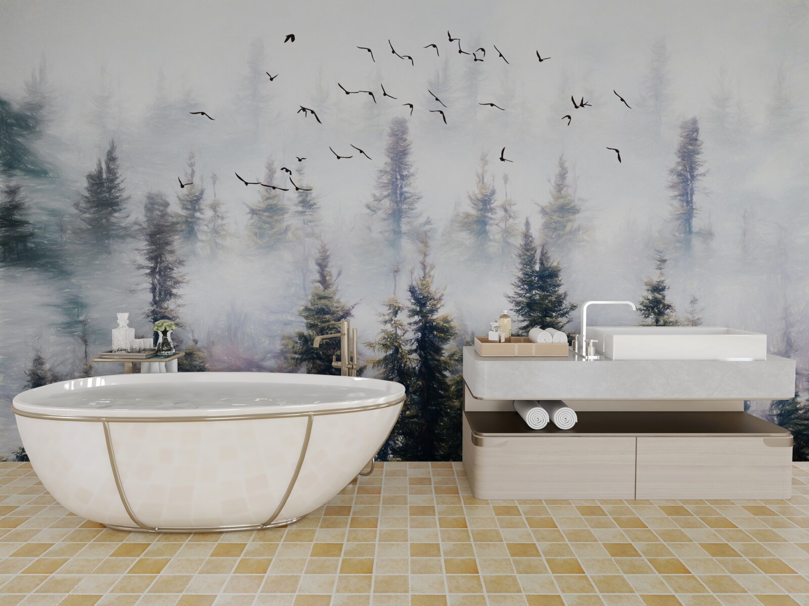 Fototapeta operení obyvatelia sa vznášajú nad tajomným borovicovým lesom obklopeným hmlou