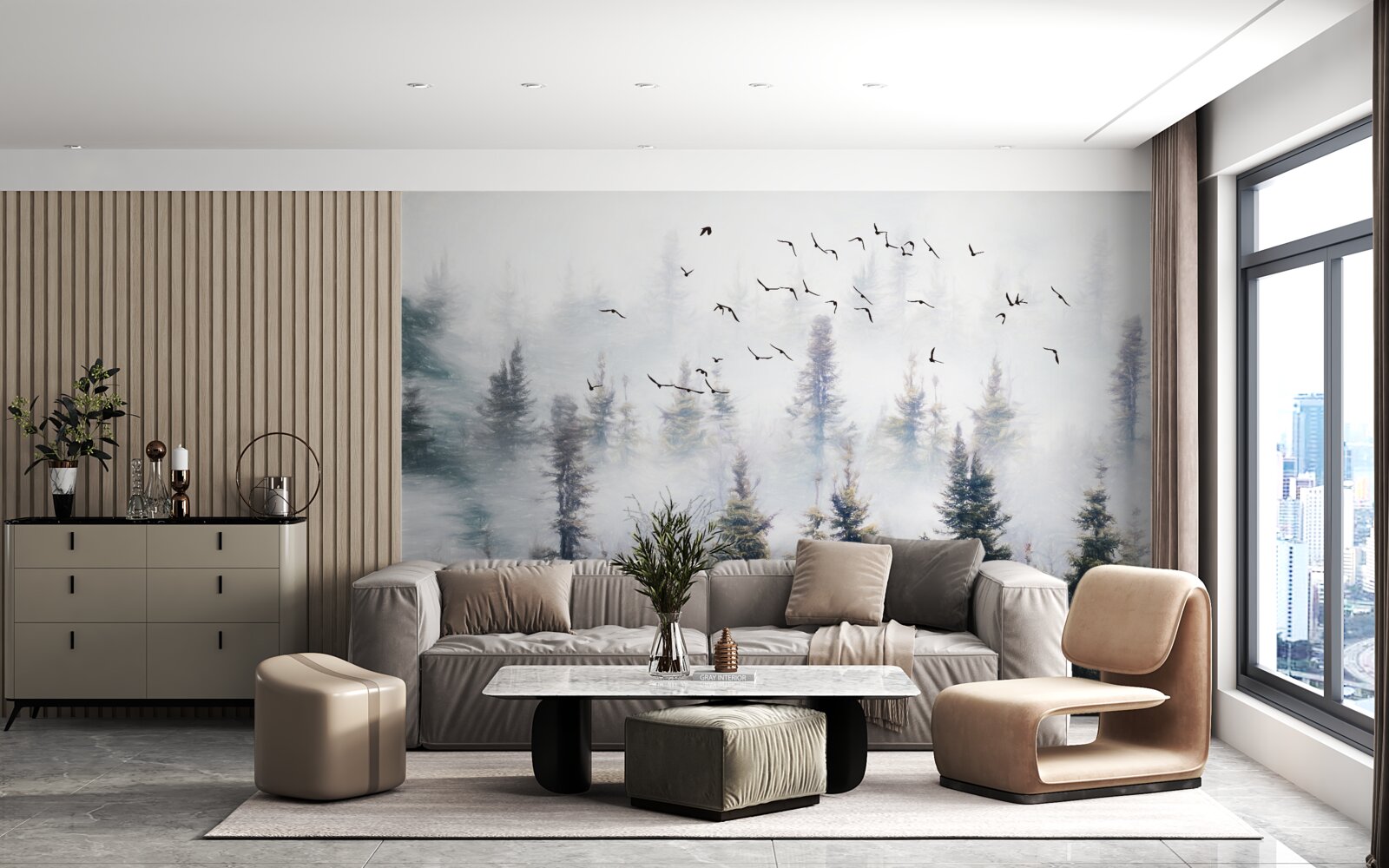 Fototapeta operení obyvatelia sa vznášajú nad tajomným borovicovým lesom obklopeným hmlou