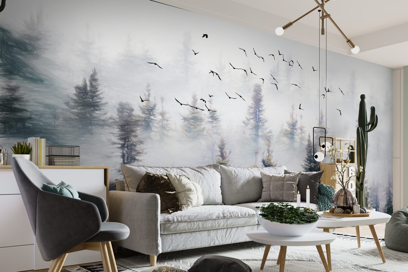 Fototapeta operení obyvatelia sa vznášajú nad tajomným borovicovým lesom obklopeným hmlou