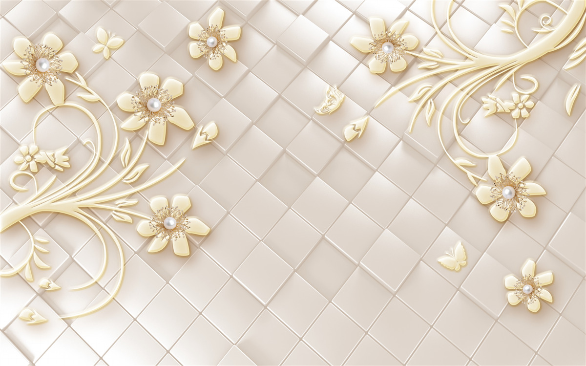 Fototapeta kvety a zlaté konáre na pozadí geometrických kosoštvorcov